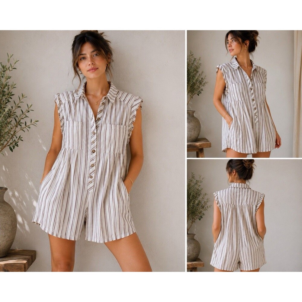Urban Outfitters Striped Cotton Romper Playsuit Button Front Pockets Size M - Picture 10 of 15